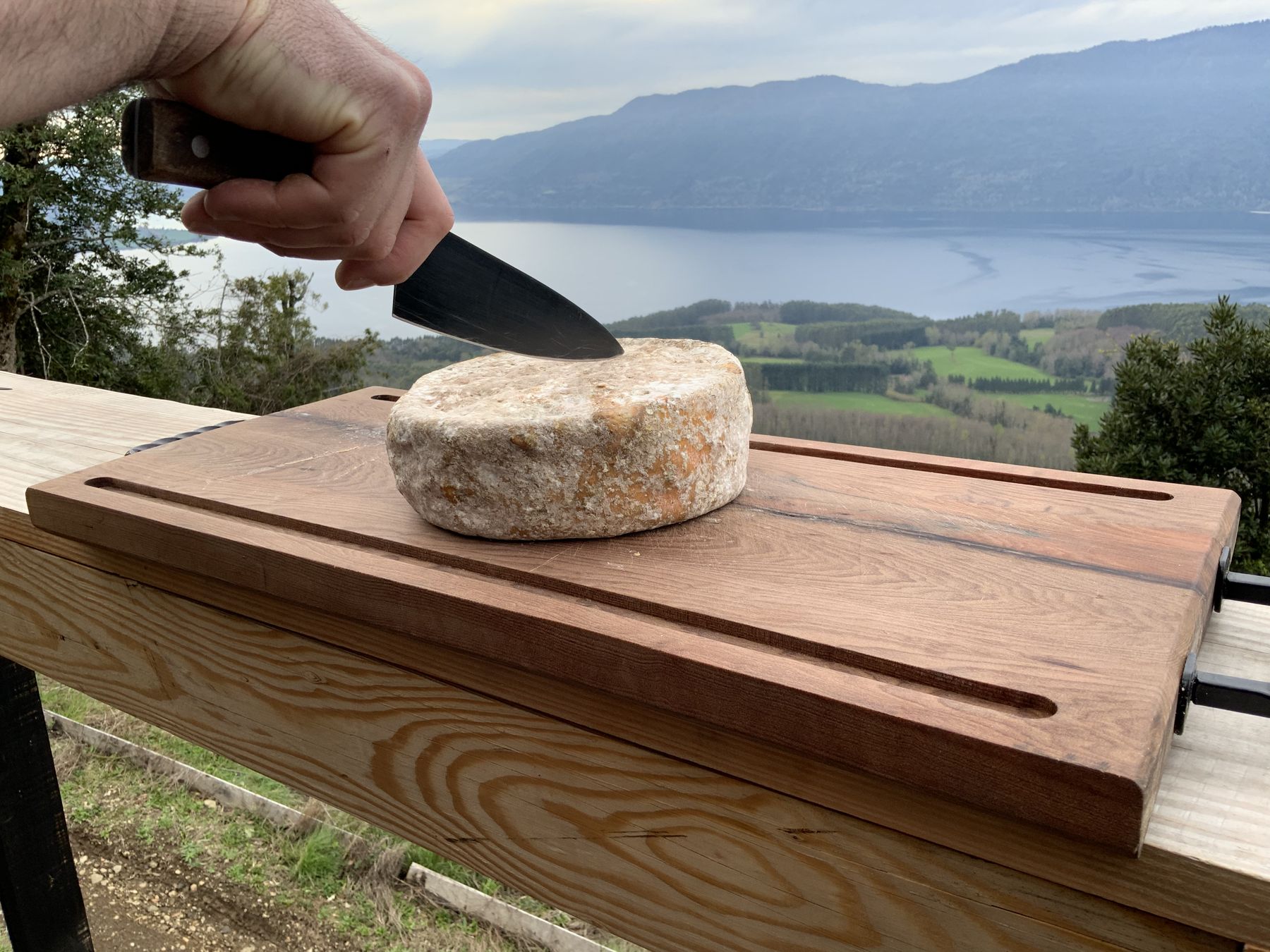 Corte de un queso Los Díaz frente al lago Riñihue